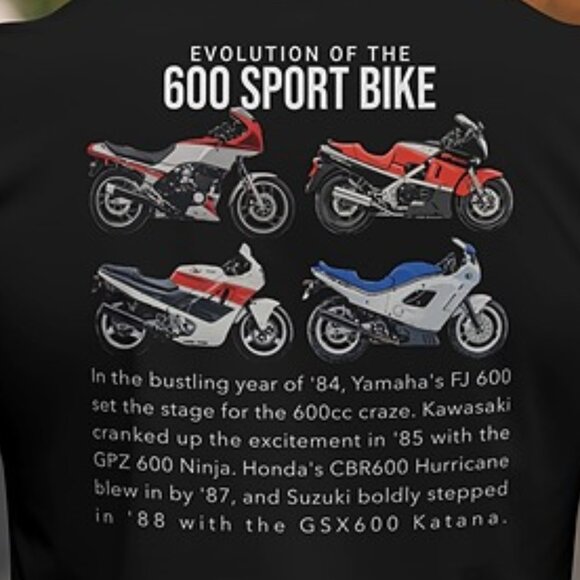 600 Sportbike Evolution Tee: Yamaha, Suzuki, Kawasaki, Honda - Picture 1 of 3